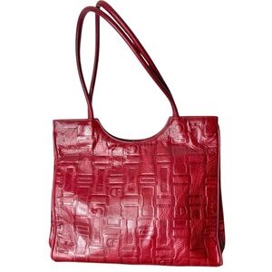 DUE FRATELLI Vintage Red Leather Monogram Logo Tote Shoulder Bag Snaps Canada